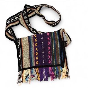 NWOT Multicolor Ethnic Boho Crossbody Bag Hand Woven Cloth Fringe Pocket Unisex